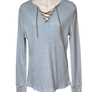 Lauren Jeans Co Waffle Knit Light Blue Lace-Up Long Sleeve Top Women's Sz Large